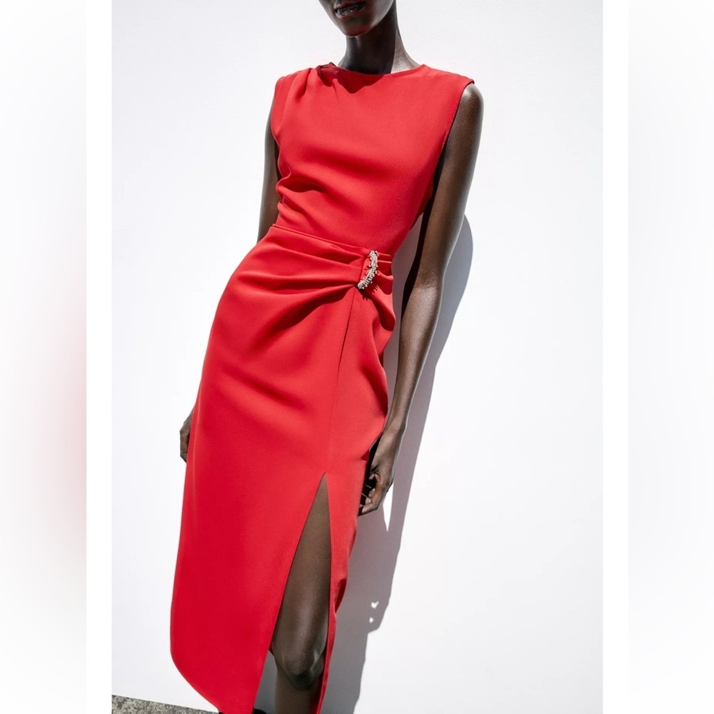 NWT Zara Midi Dress Red With Hardware Rouge Rare Small New 3897/100 Maxi Long - Picture 2 of 14